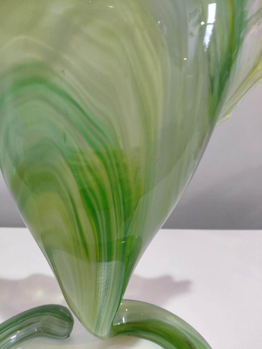 Vintage Hand Blown Art Glass Vase, Yellow Green Swirl, Ruffled Rim, Twisted Stem, 12.5", view 19