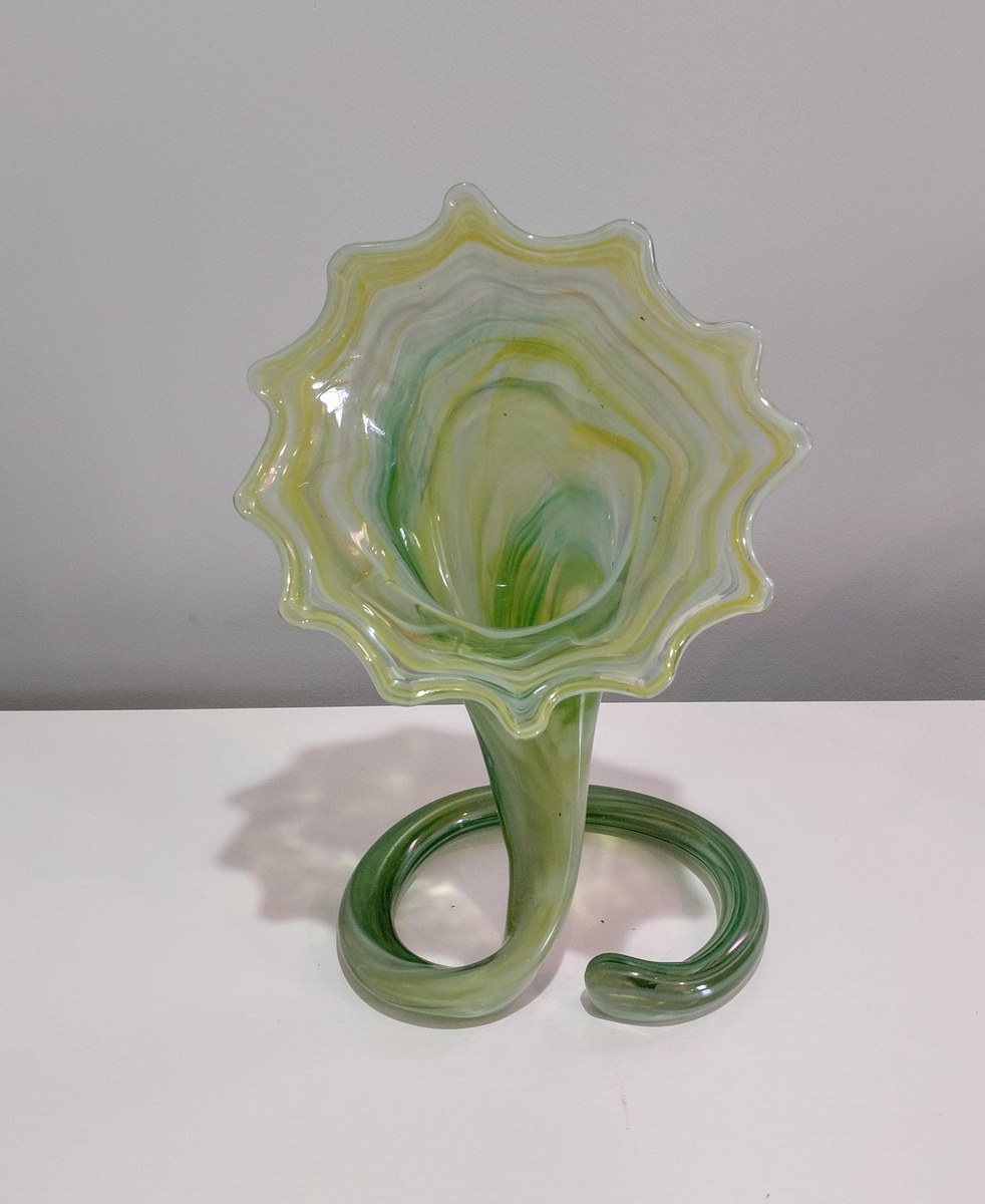 Vintage Hand Blown Art Glass Vase, Yellow Green Swirl, Ruffled Rim, Twisted Stem, 12.5", view 2
