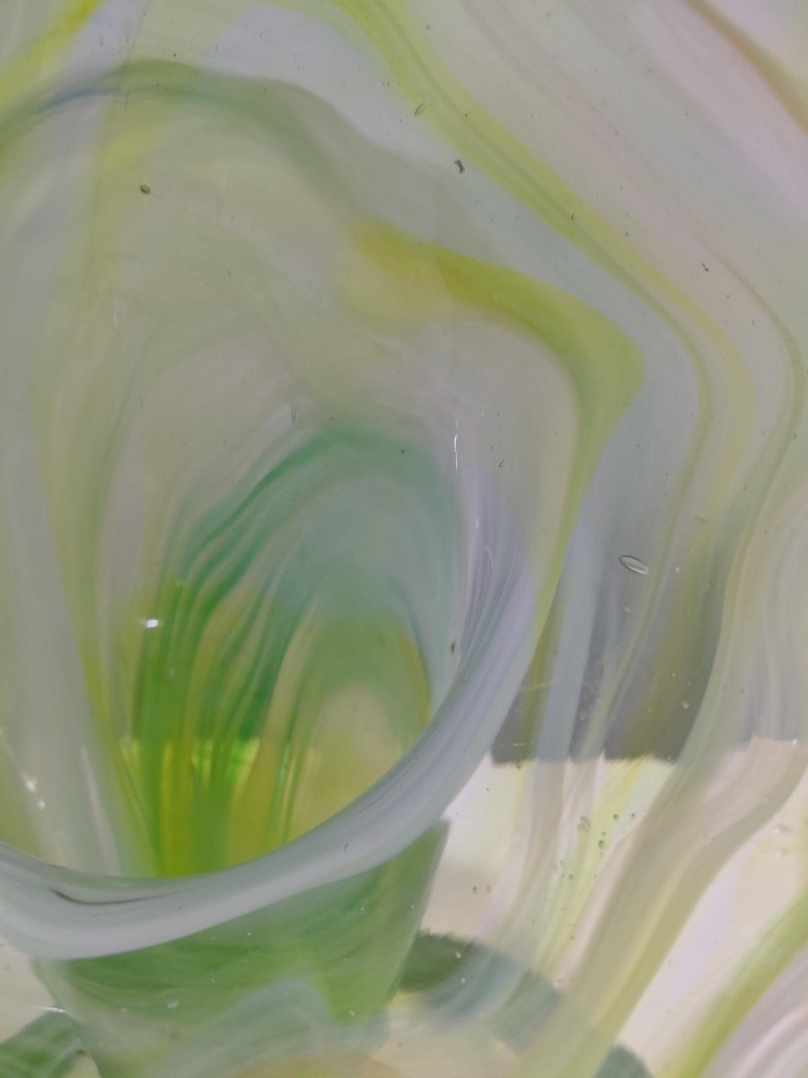 Vintage Hand Blown Art Glass Vase, Yellow Green Swirl, Ruffled Rim, Twisted Stem, 12.5", view 20