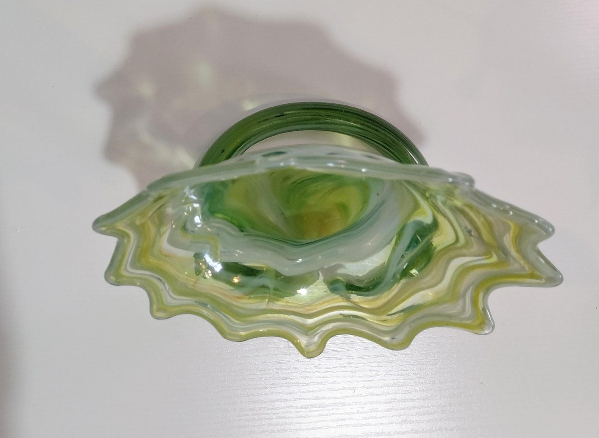 Vintage Hand Blown Art Glass Vase, Yellow Green Swirl, Ruffled Rim, Twisted Stem, 12.5", view 3