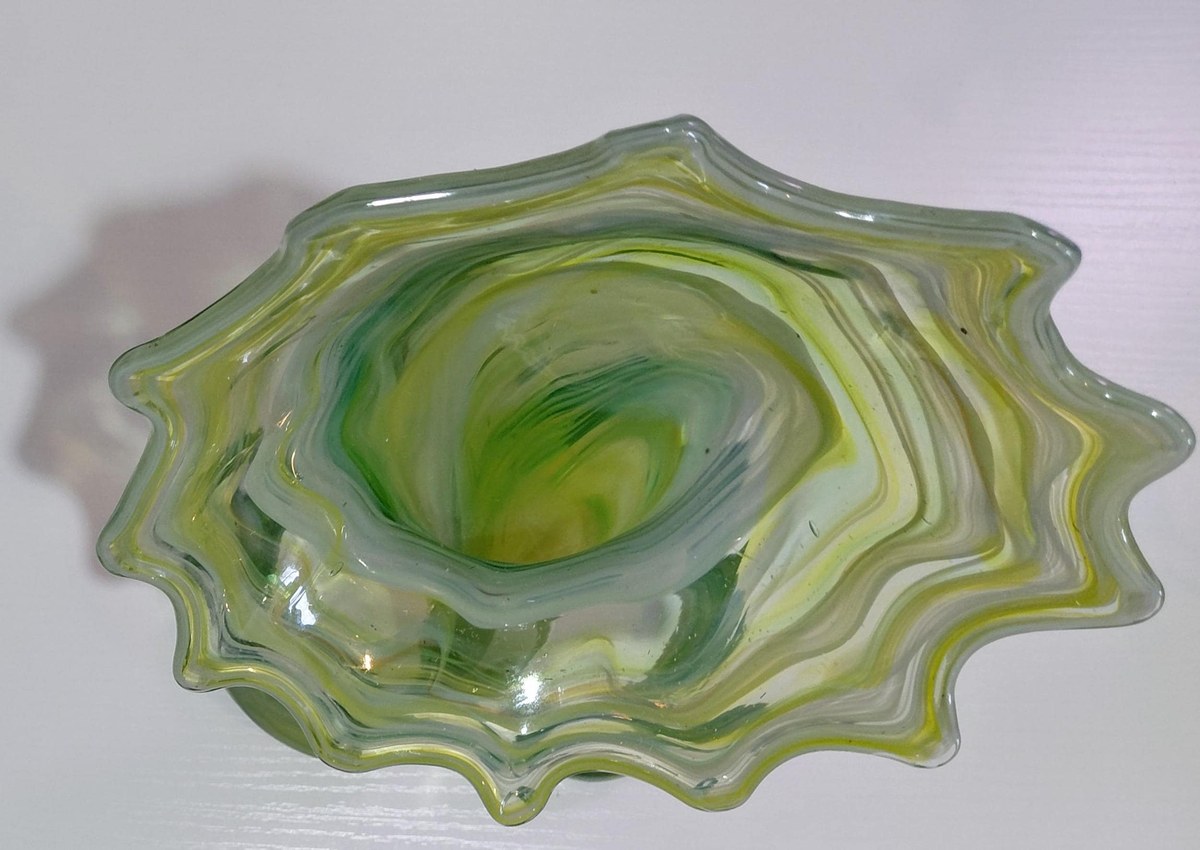Vintage Hand Blown Art Glass Vase, Yellow Green Swirl, Ruffled Rim, Twisted Stem, 12.5", view 4