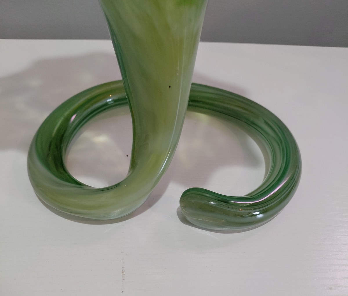 Vintage Hand Blown Art Glass Vase, Yellow Green Swirl, Ruffled Rim, Twisted Stem, 12.5", view 5