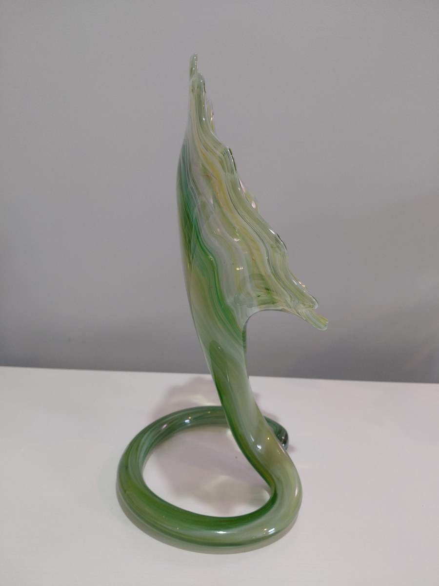Vintage Hand Blown Art Glass Vase, Yellow Green Swirl, Ruffled Rim, Twisted Stem, 12.5", view 6