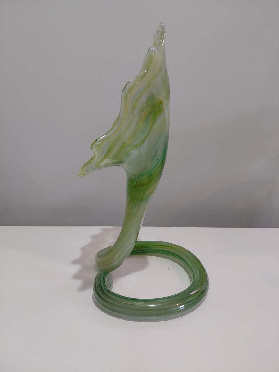 Vintage Hand Blown Art Glass Vase, Yellow Green Swirl, Ruffled Rim, Twisted Stem, 12.5", view 7