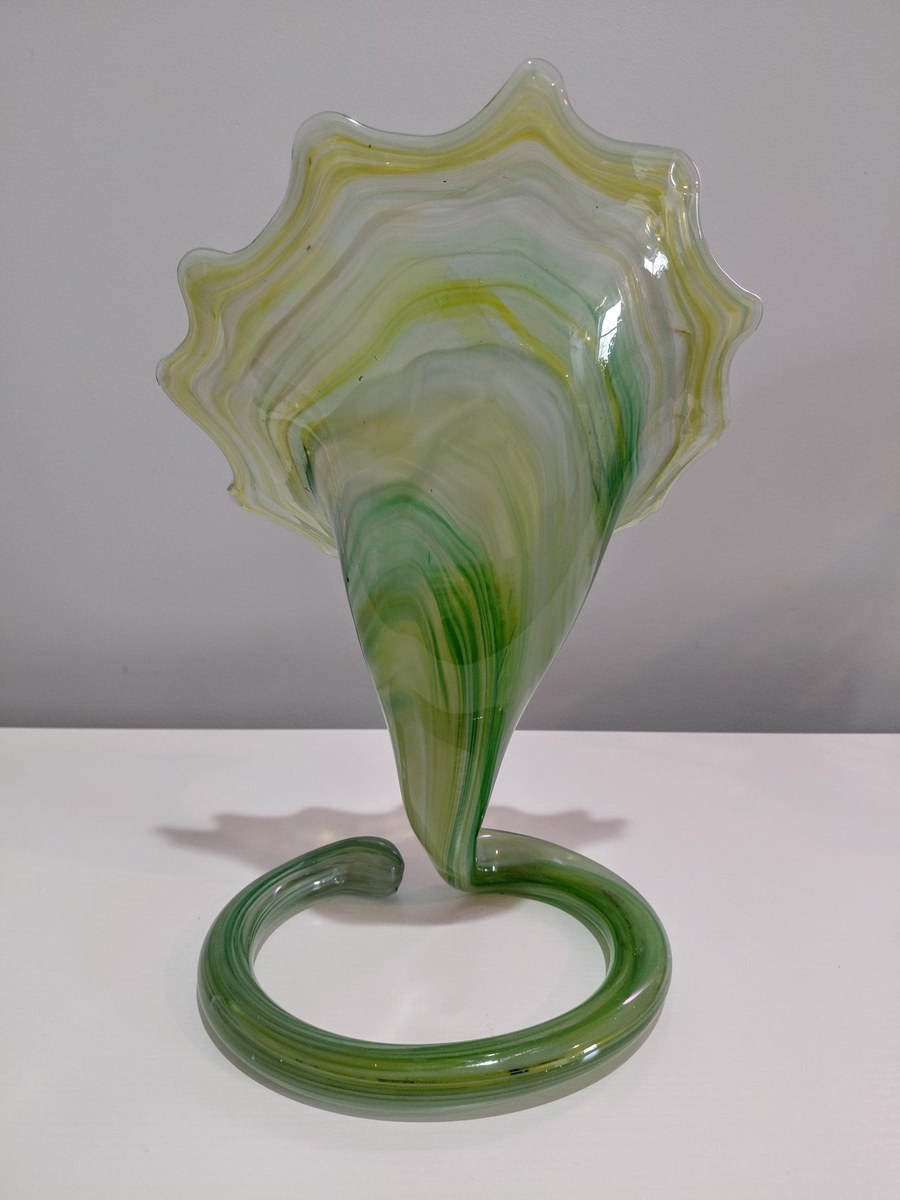 Vintage Hand Blown Art Glass Vase, Yellow Green Swirl, Ruffled Rim, Twisted Stem, 12.5", view 8
