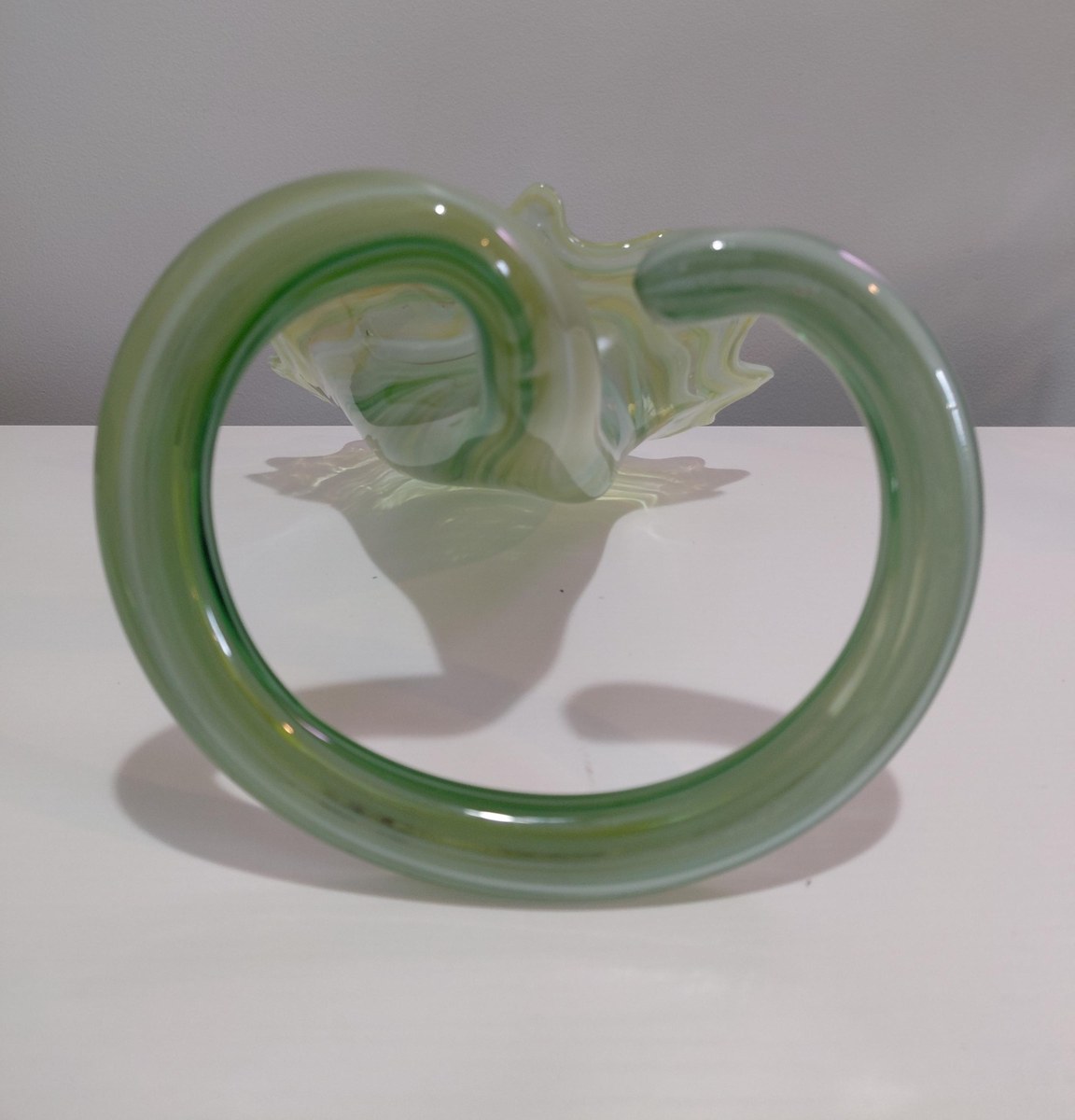Vintage Hand Blown Art Glass Vase, Yellow Green Swirl, Ruffled Rim, Twisted Stem, 12.5", view 9