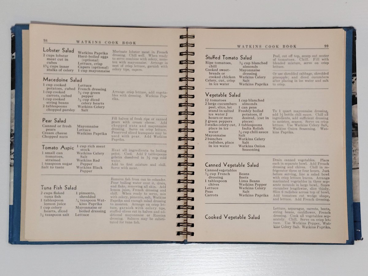1938 Watkins Cook Book w/ Dust Jacket, Vintage Spiral Bound, Winona MN, Lays Flat, view 3
