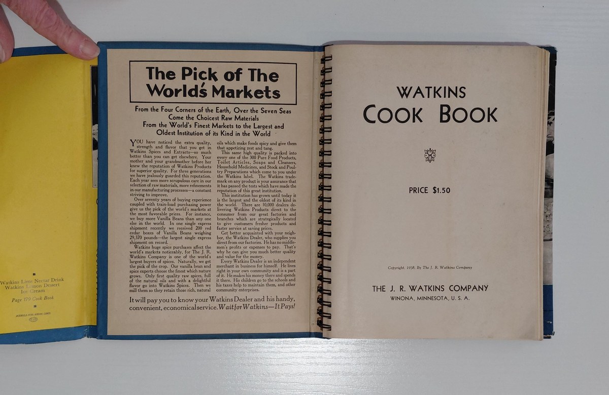 1938 Watkins Cook Book w/ Dust Jacket, Vintage Spiral Bound, Winona MN, Lays Flat, view 5