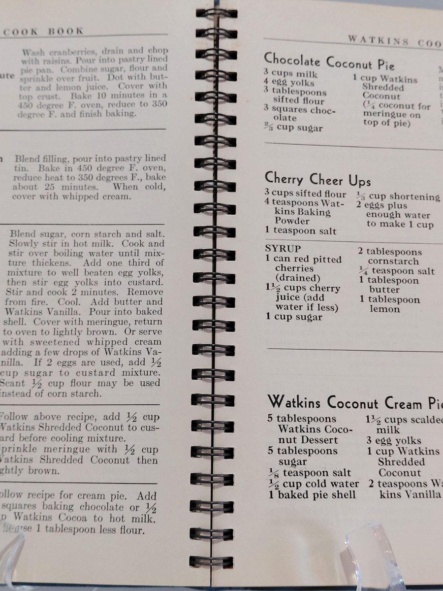 1938 Watkins Cook Book w/ Dust Jacket, Vintage Spiral Bound, Winona MN, Lays Flat, view 9