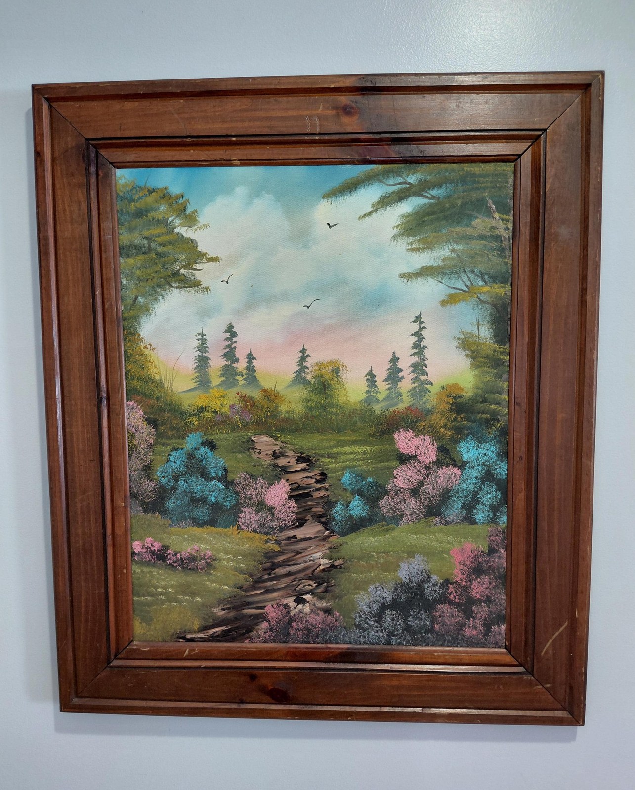 Antique 1913 Hand Painted Landscape Painting Original Framed Folk Art Signed Gift