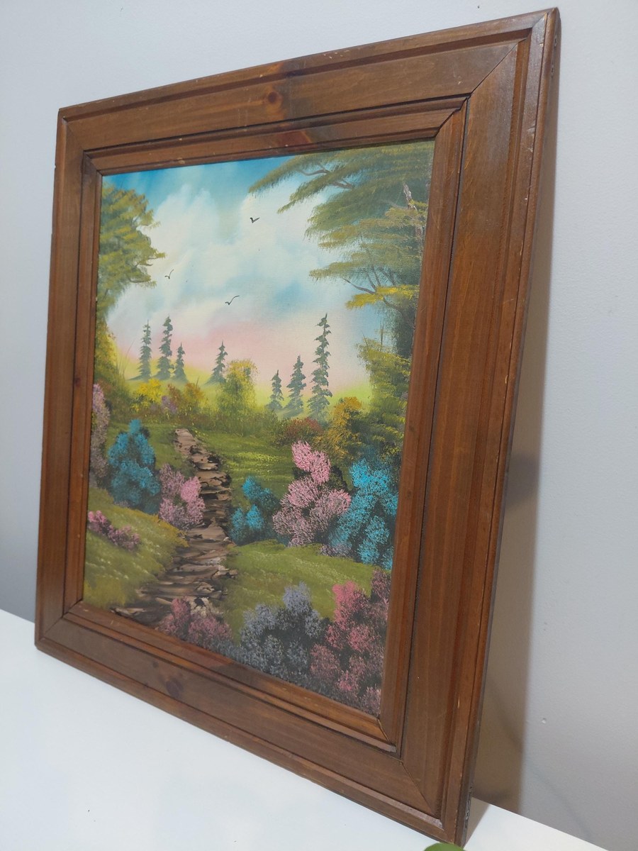 Antique 1913 Hand Painted Landscape Painting Original Framed Folk Art Signed Gift, view 2