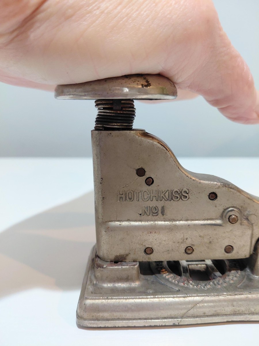 Antique Hotchkiss No 1 Stapler 1925 Patent Industrial Office Tool Vintage Desk Accessory Paper Fastener Collectible, view 8
