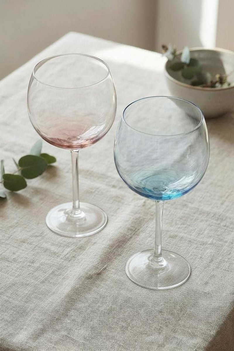 Blown Crystal Balloon Wine Glasses Pink Blue Accent Set of 2, view 14