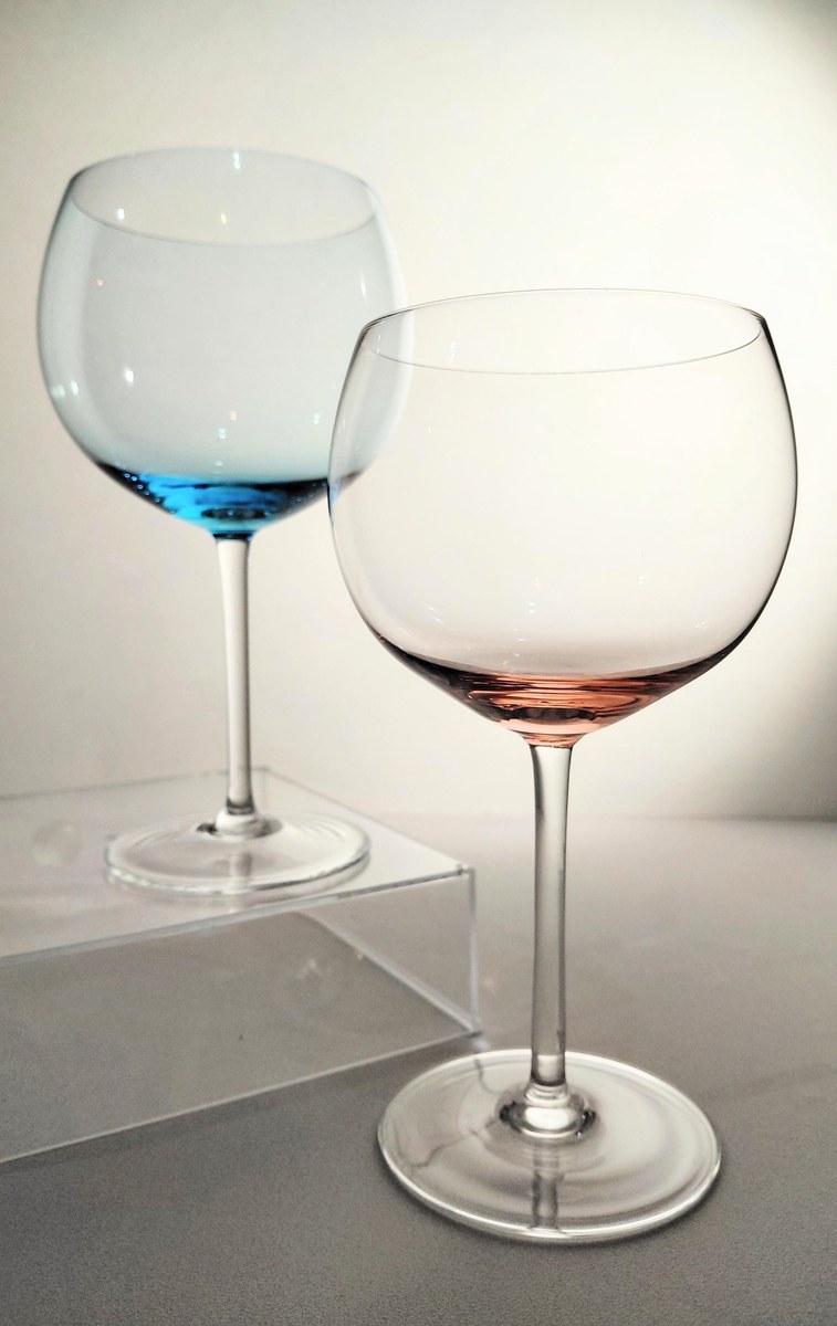 Blown Crystal Balloon Wine Glasses Pink Blue Accent Set of 2, view 2