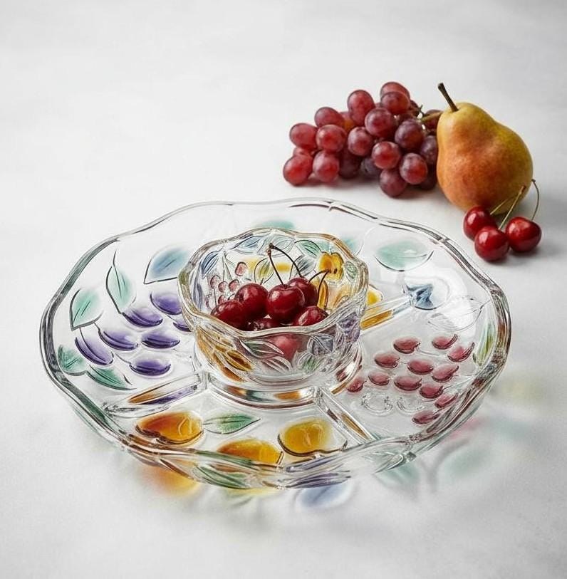 Mikasa Garden Harvest Chip and Dip Set Hand Painted Fruit Glass Serving Platter, view 19