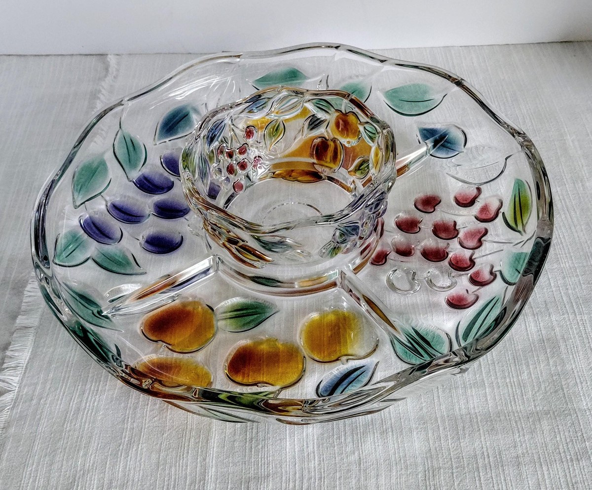 Mikasa Garden Harvest Chip and Dip Set Hand Painted Fruit Glass Serving Platter, view 2