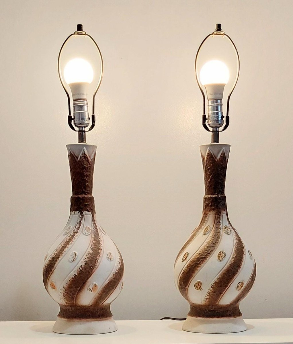 Vintage Drip Glaze Ceramic Table Lamps Pair, Mid Century Modern Earth Tone Lighting, 1970s MCM Bedside Lamps, Retro Ambient Decor, view 2