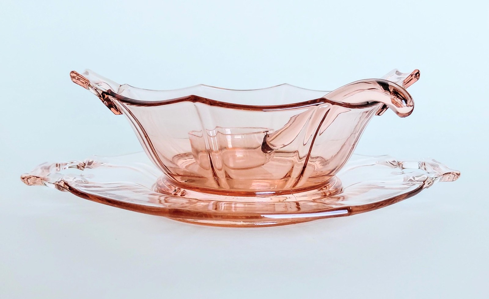 Pink Depression Glass Mayonnaise Set 3pc Vintage Bowl Plate Ladle