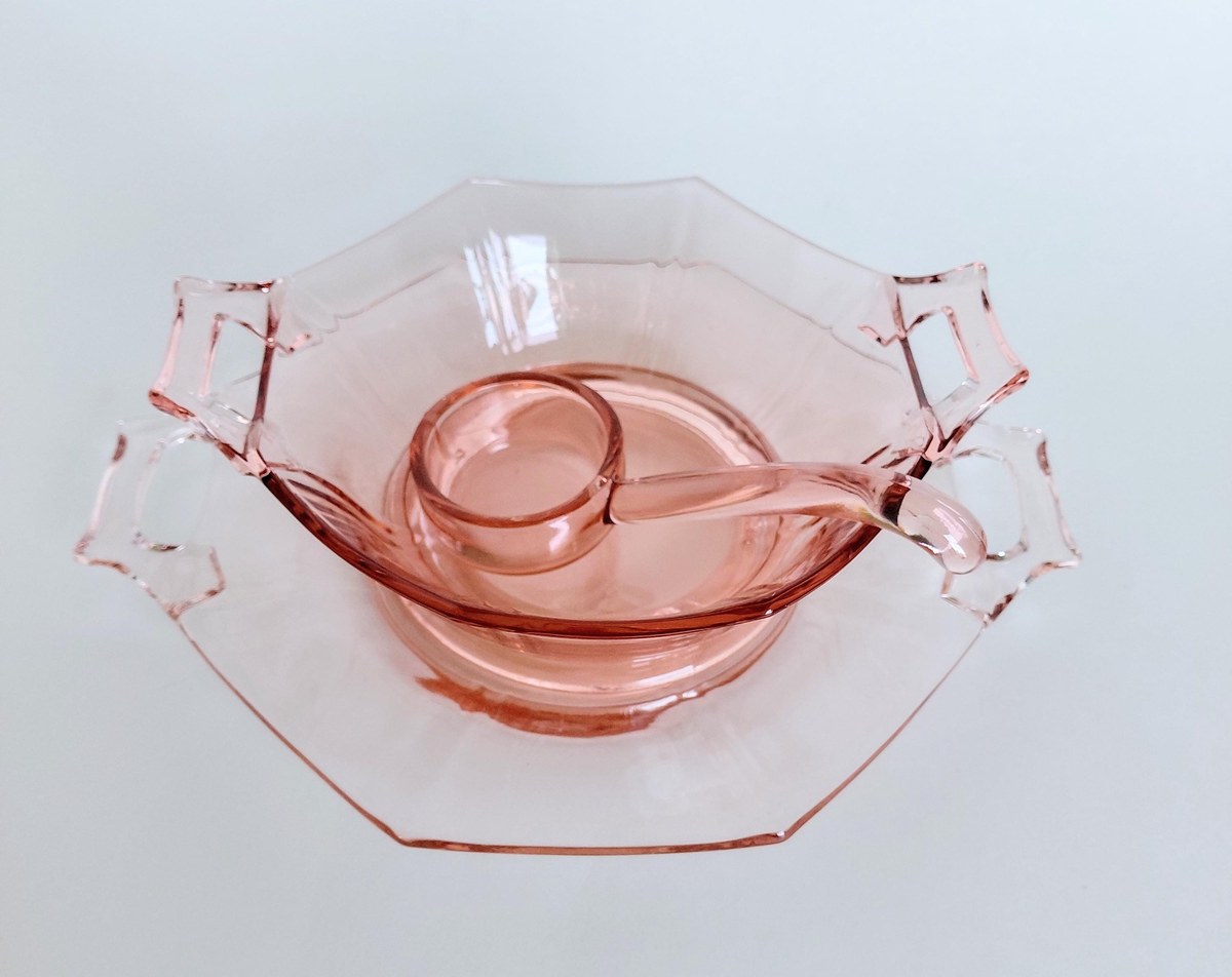 Pink Depression Glass Mayonnaise Set 3pc Vintage Bowl Plate Ladle, view 12