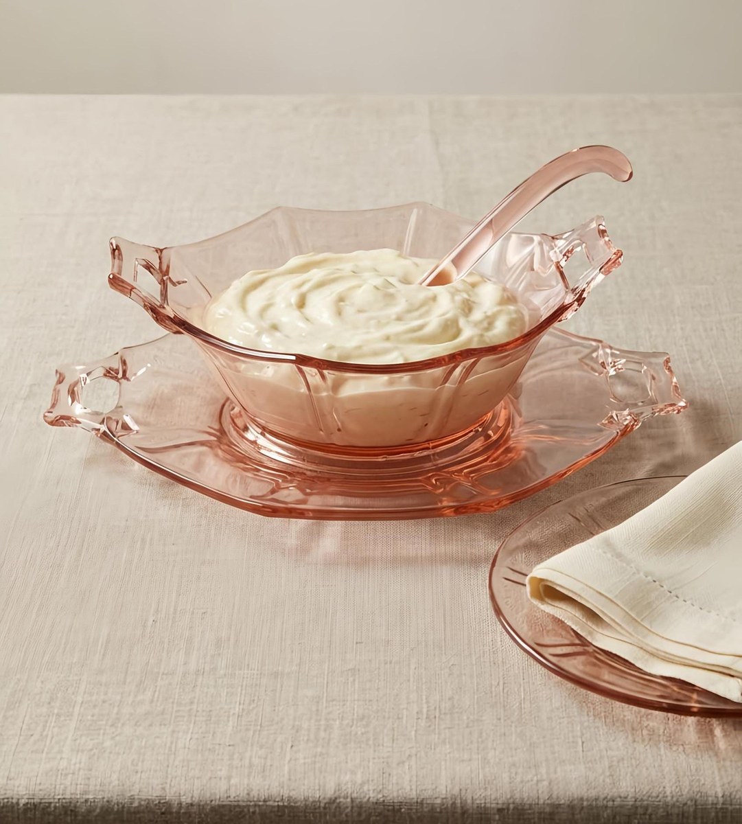 Pink Depression Glass Mayonnaise Set 3pc Vintage Bowl Plate Ladle, view 2