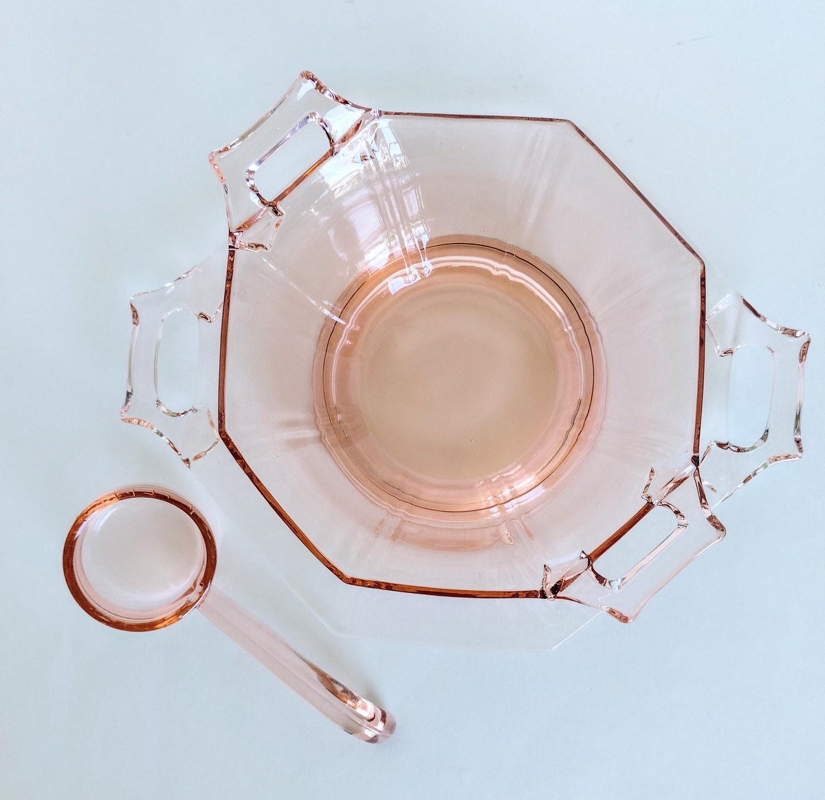 Pink Depression Glass Mayonnaise Set 3pc Vintage Bowl Plate Ladle, view 20