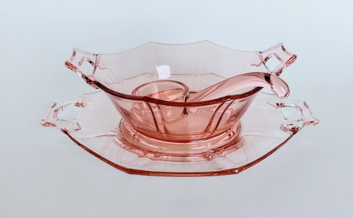 Pink Depression Glass Mayonnaise Set 3pc Vintage Bowl Plate Ladle, view 3