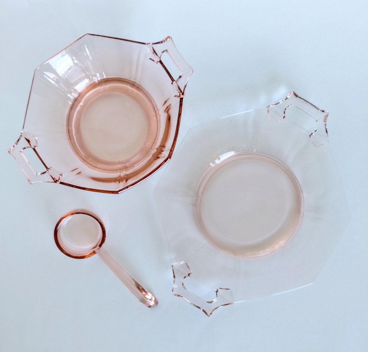 Pink Depression Glass Mayonnaise Set 3pc Vintage Bowl Plate Ladle, view 4