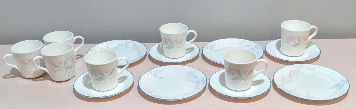 Corelle Pink Trio Swirl Tea Set Cups Saucers Plates 4 Sets, view 11
