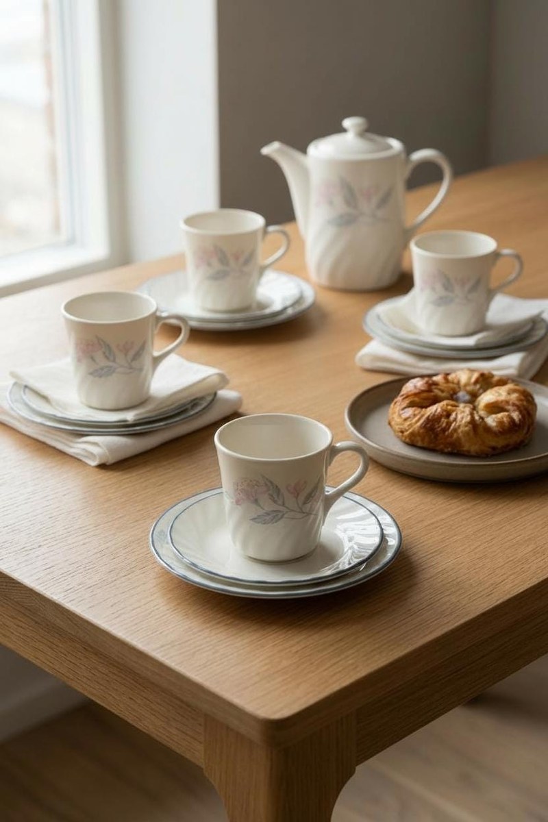 Corelle Pink Trio Swirl Tea Set Cups Saucers Plates 4 Sets, view 15