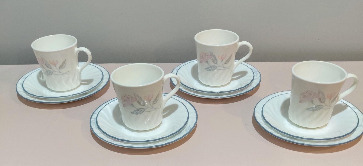 Corelle Pink Trio Swirl Tea Set Cups Saucers Plates 4 Sets, view 19