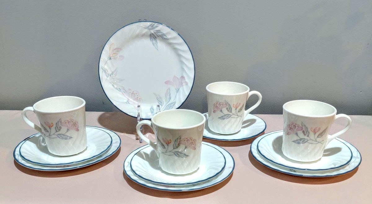 Corelle Pink Trio Swirl Tea Set Cups Saucers Plates 4 Sets, view 2