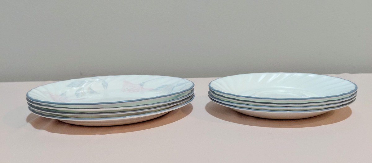 Corelle Pink Trio Swirl Tea Set Cups Saucers Plates 4 Sets, view 5