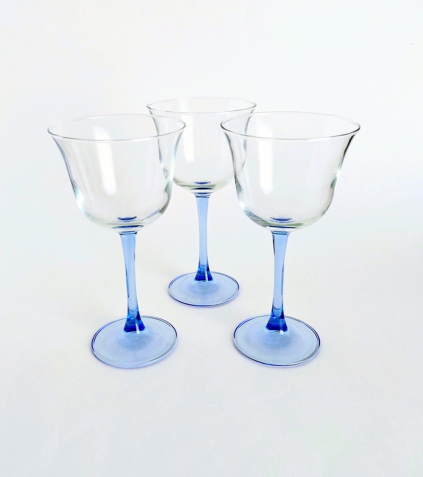 Vintage Blue Stem Wine Glasses Set of 3, Clear Goblets, 8 oz Wine Glasses, Replacement Stemware, Barware Set, Mismatched Glasses