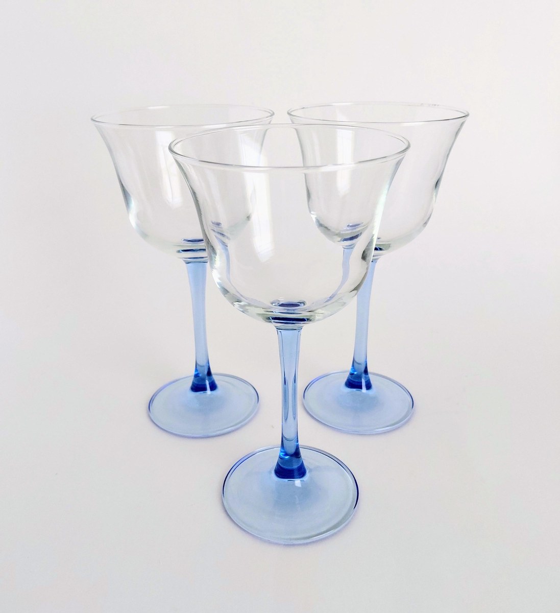 Vintage Blue Stem Wine Glasses Set of 3, Clear Goblets, 8 oz Wine Glasses, Replacement Stemware, Barware Set, Mismatched Glasses, view 2
