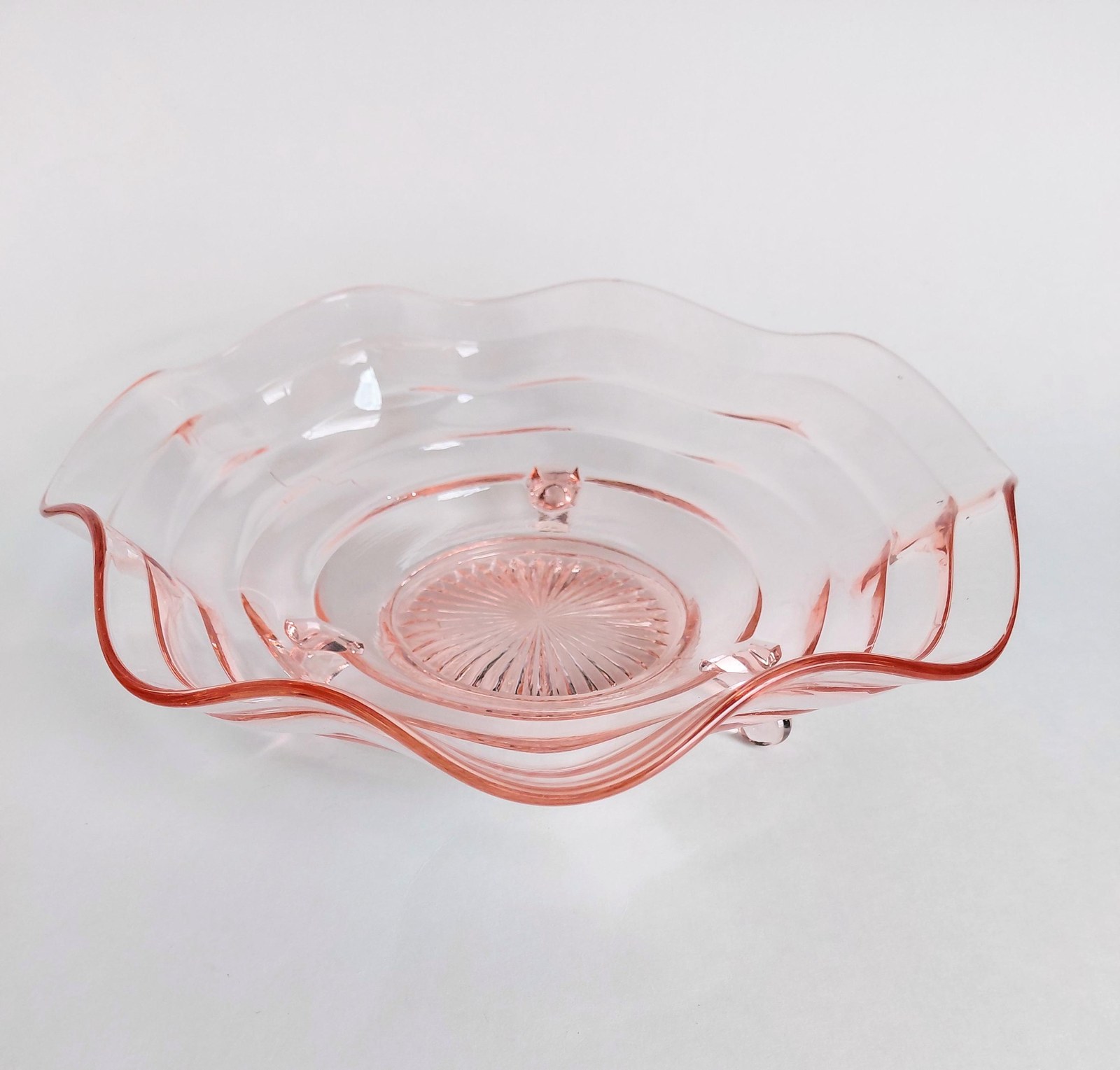 Vintage Pink Depression Glass Bowl Footed Ruffled Edge Serving Bowl Scalloped Glass Centerpiece 10 Inch Console Bowl
