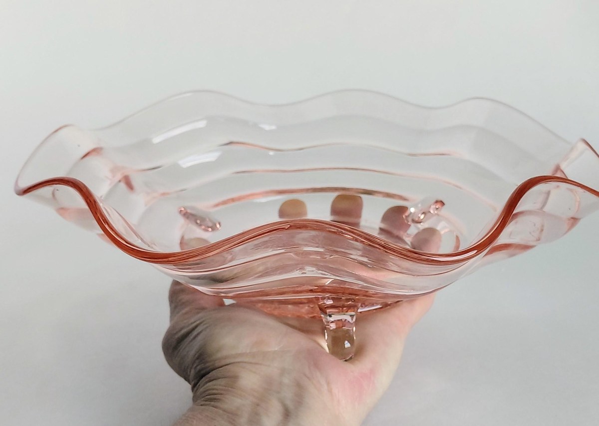 Vintage Pink Depression Glass Bowl Footed Ruffled Edge Serving Bowl Scalloped Glass Centerpiece 10 Inch Console Bowl, view 11