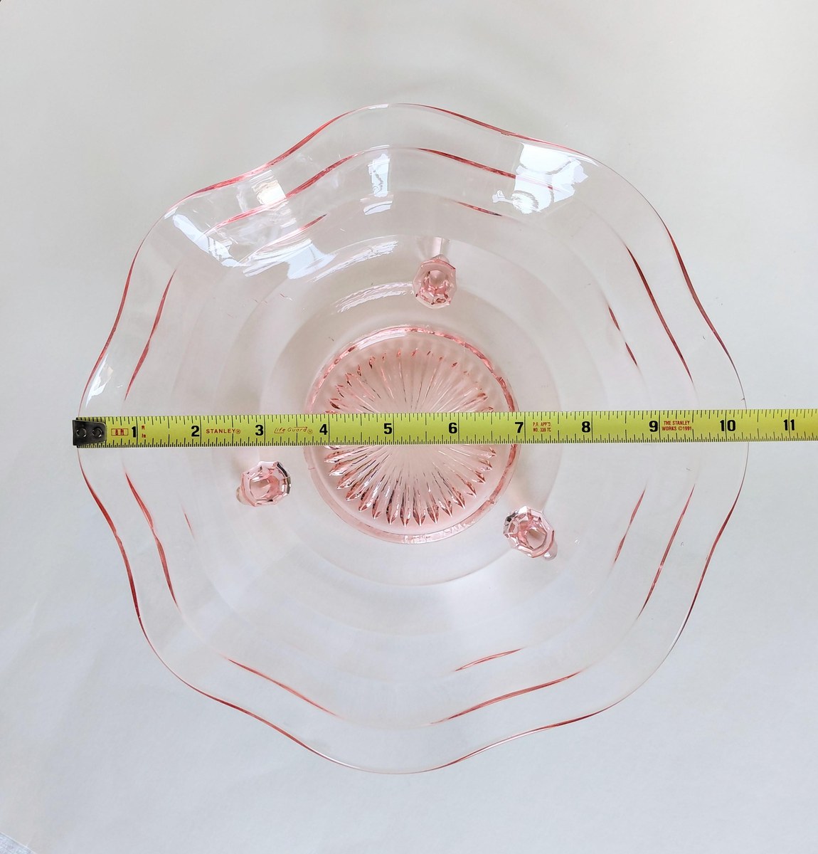 Vintage Pink Depression Glass Bowl Footed Ruffled Edge Serving Bowl Scalloped Glass Centerpiece 10 Inch Console Bowl, view 12