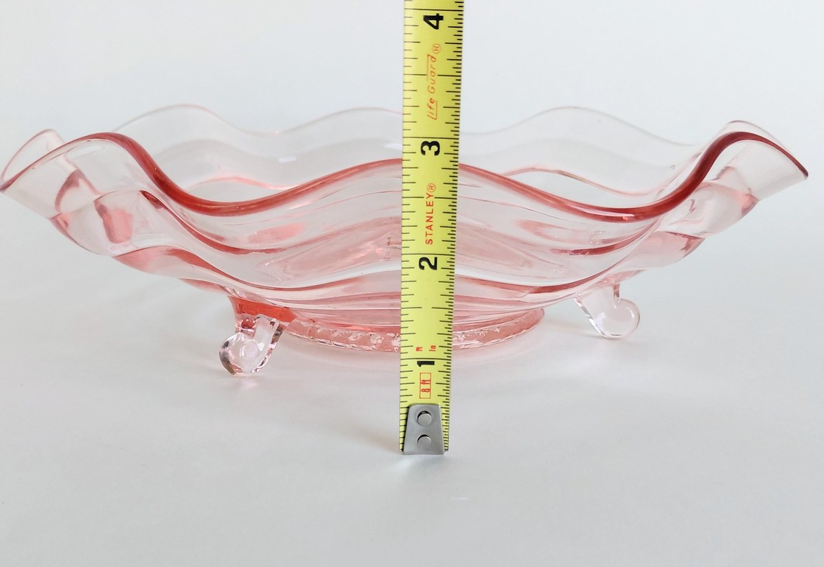 Vintage Pink Depression Glass Bowl Footed Ruffled Edge Serving Bowl Scalloped Glass Centerpiece 10 Inch Console Bowl, view 13