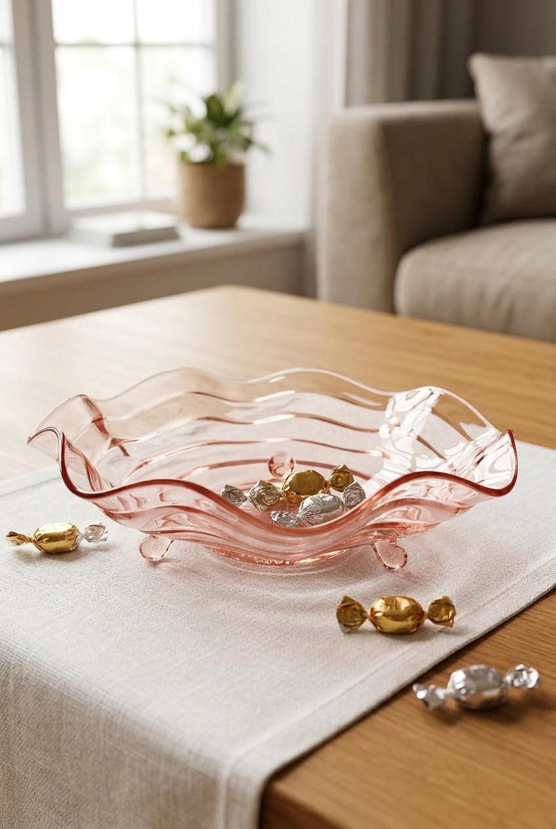 Vintage Pink Depression Glass Bowl Footed Ruffled Edge Serving Bowl Scalloped Glass Centerpiece 10 Inch Console Bowl, view 14