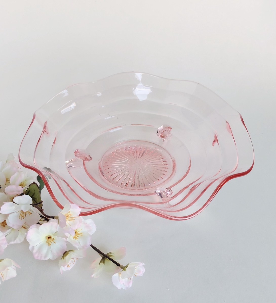 Vintage Pink Depression Glass Bowl Footed Ruffled Edge Serving Bowl Scalloped Glass Centerpiece 10 Inch Console Bowl, view 15