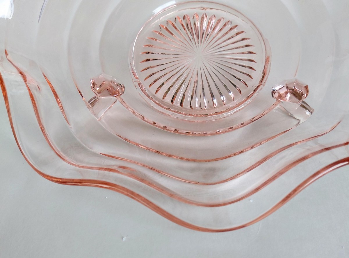 Vintage Pink Depression Glass Bowl Footed Ruffled Edge Serving Bowl Scalloped Glass Centerpiece 10 Inch Console Bowl, view 16