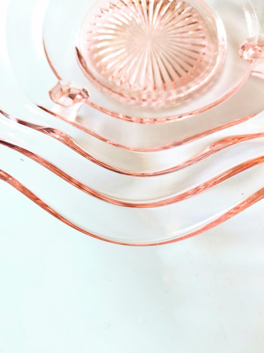 Vintage Pink Depression Glass Bowl Footed Ruffled Edge Serving Bowl Scalloped Glass Centerpiece 10 Inch Console Bowl, view 17
