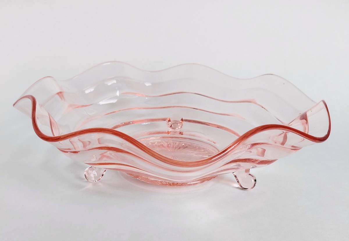 Vintage Pink Depression Glass Bowl Footed Ruffled Edge Serving Bowl Scalloped Glass Centerpiece 10 Inch Console Bowl, view 2