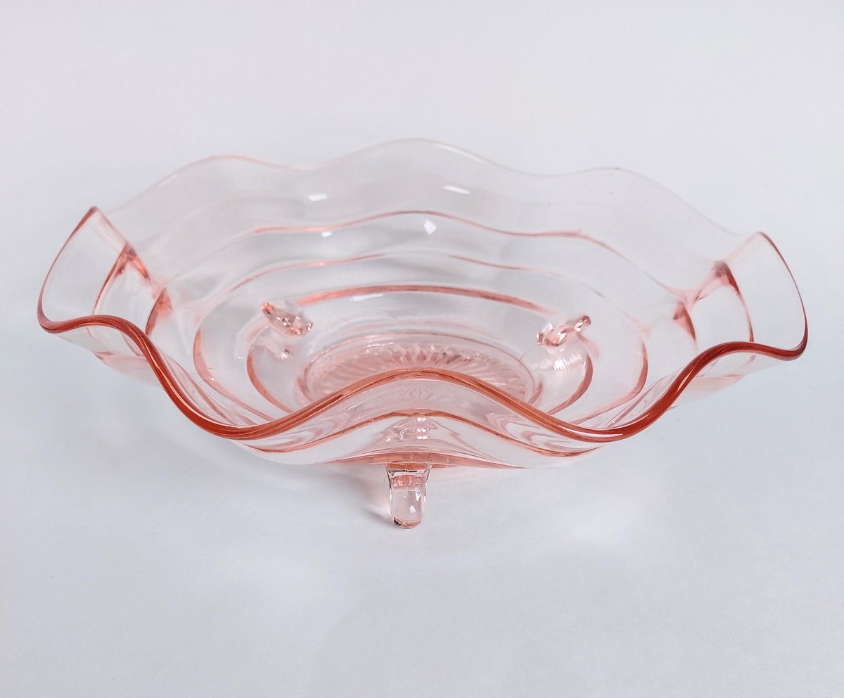 Vintage Pink Depression Glass Bowl Footed Ruffled Edge Serving Bowl Scalloped Glass Centerpiece 10 Inch Console Bowl, view 3