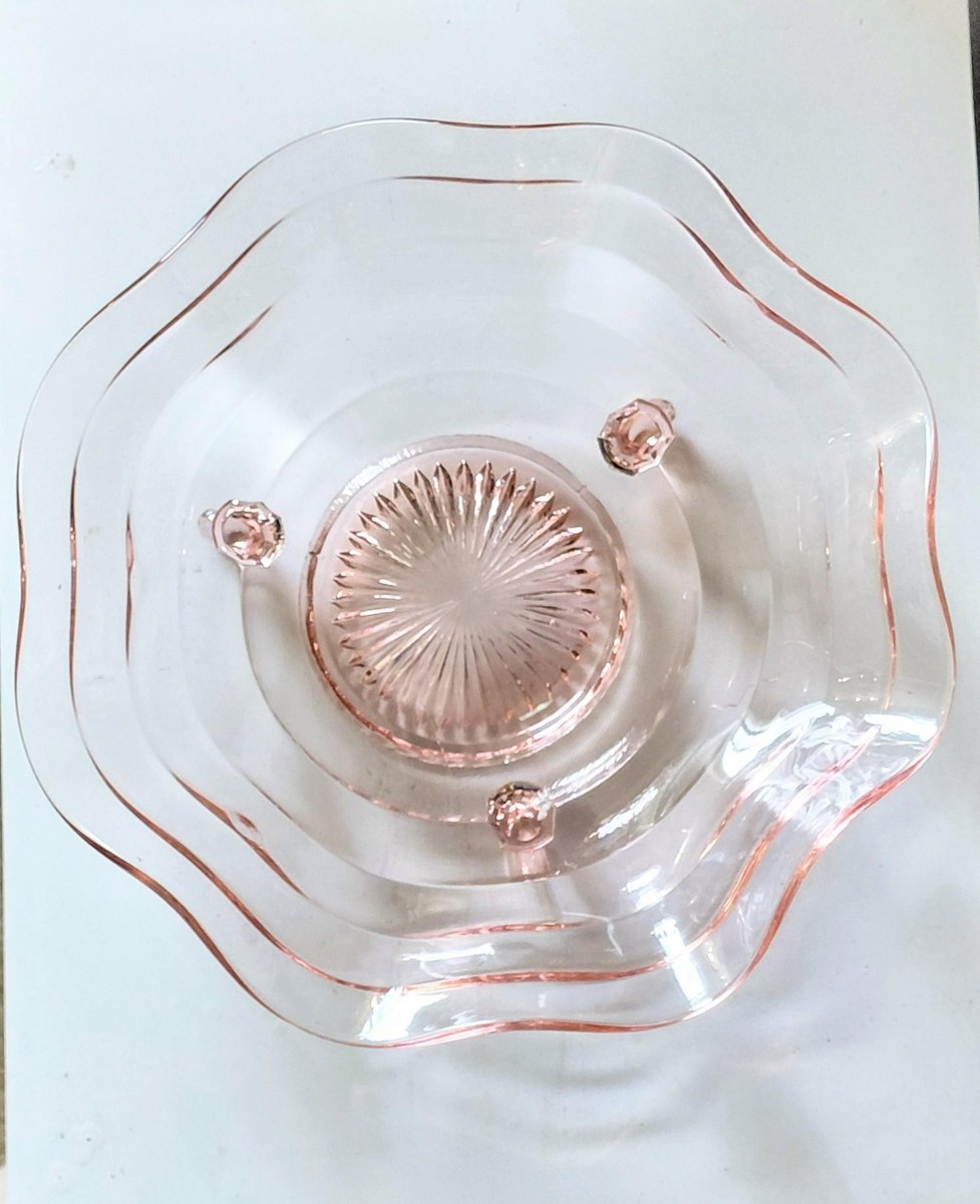 Vintage Pink Depression Glass Bowl Footed Ruffled Edge Serving Bowl Scalloped Glass Centerpiece 10 Inch Console Bowl, view 4