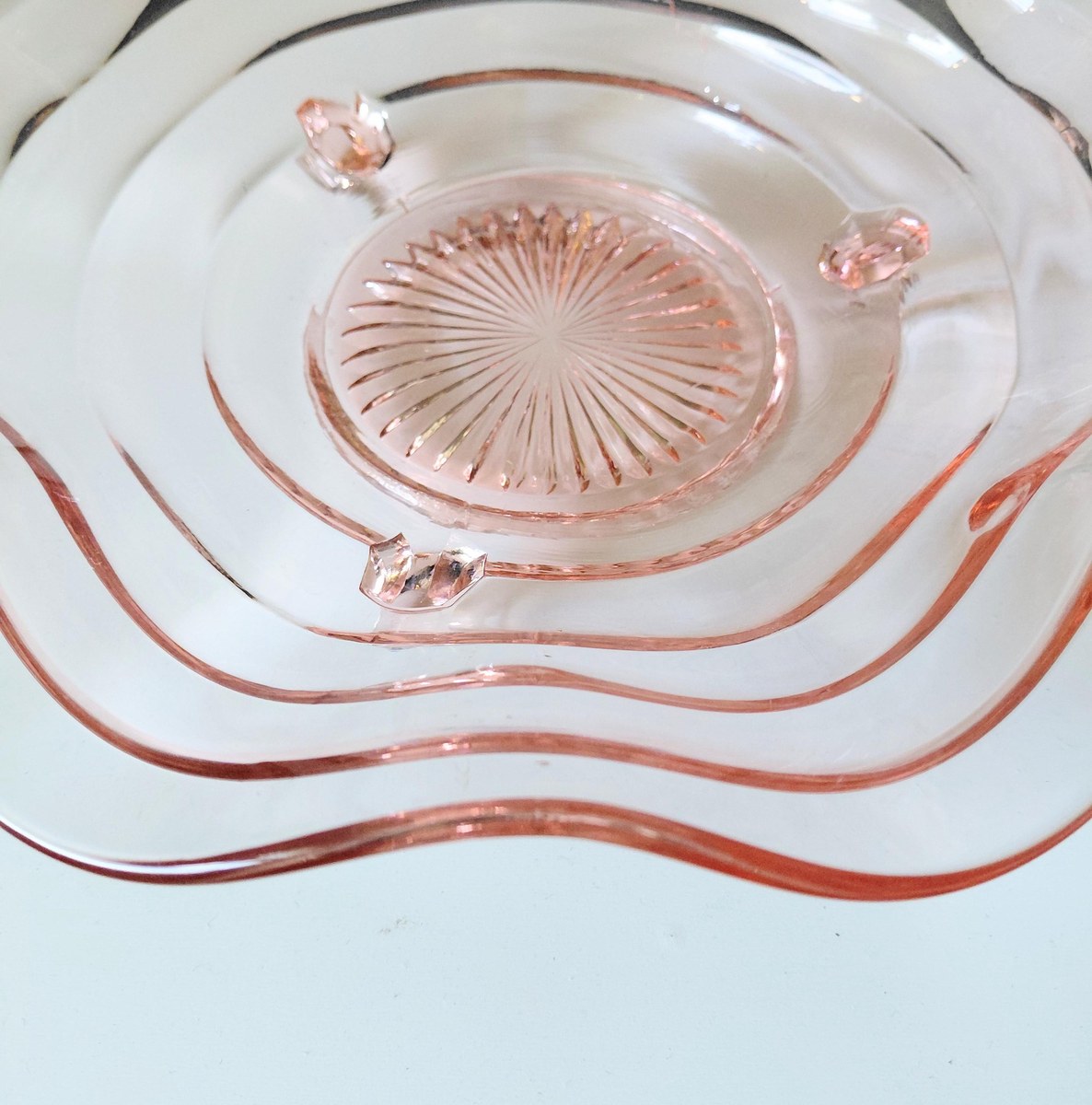 Vintage Pink Depression Glass Bowl Footed Ruffled Edge Serving Bowl Scalloped Glass Centerpiece 10 Inch Console Bowl, view 5