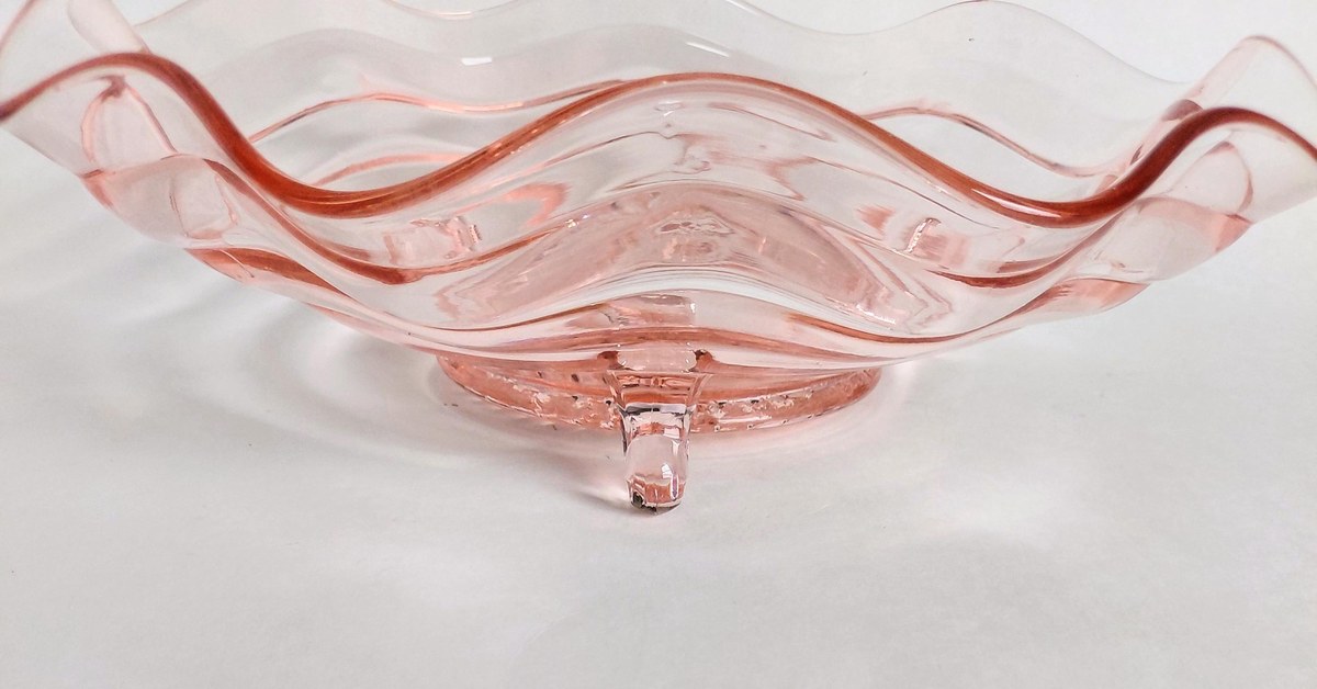 Vintage Pink Depression Glass Bowl Footed Ruffled Edge Serving Bowl Scalloped Glass Centerpiece 10 Inch Console Bowl, view 6
