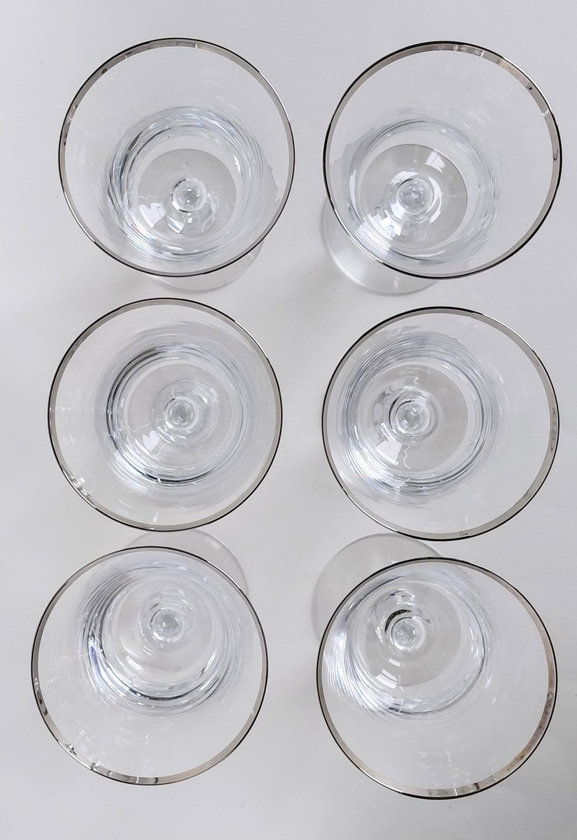 Vintage Fostoria Platinum Rim Goblets Set of 6, Elegant 8 oz Stemware, Hard to Find Full Set, Mid Century Glassware, view 8