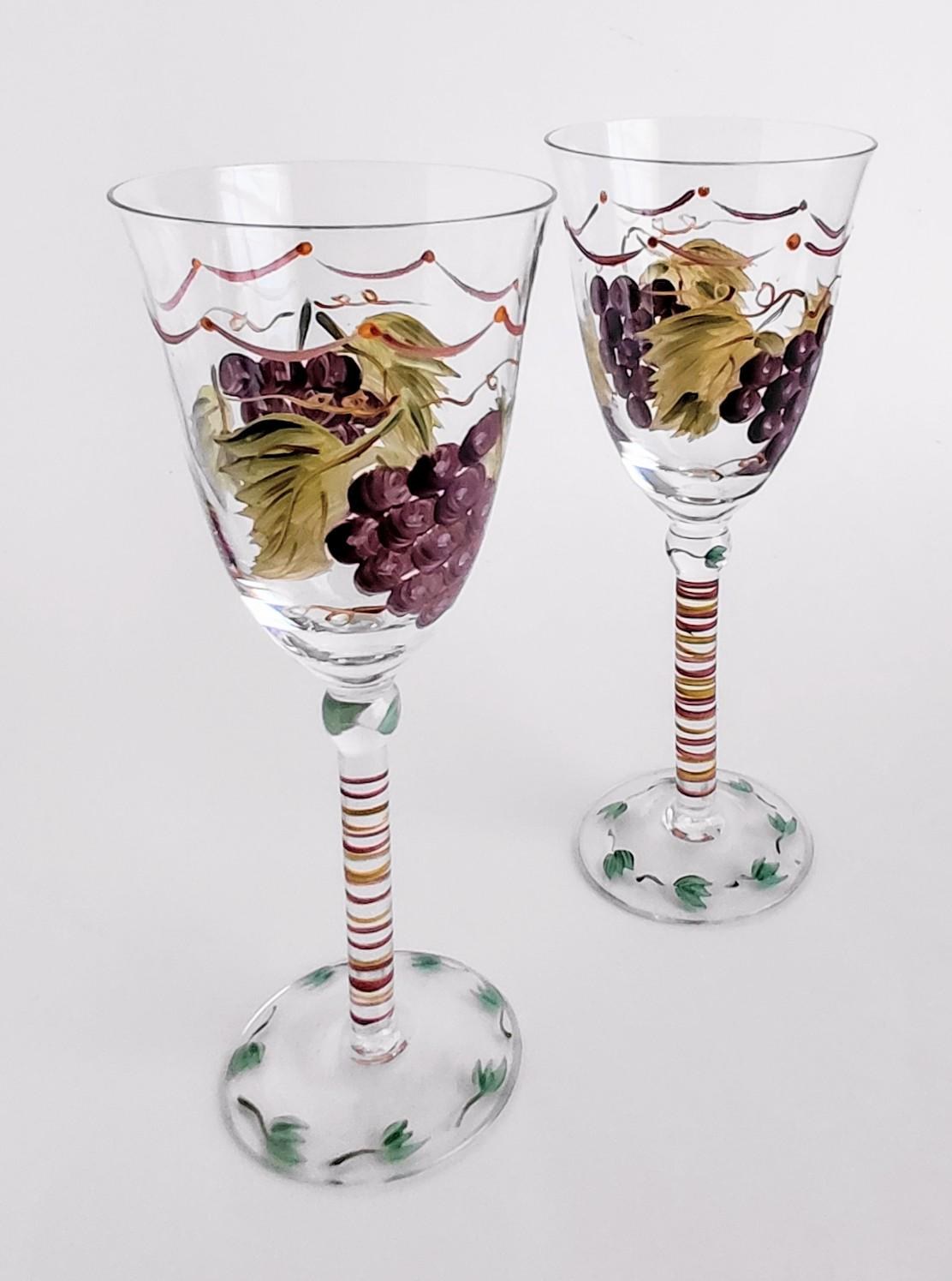 Vintage Hand Painted Wine Glasses Set of 2 Grapevine Goblets Italian Style Art Glass Purple Grapes Striped Stem Bell Bowl Cottagecore Decor