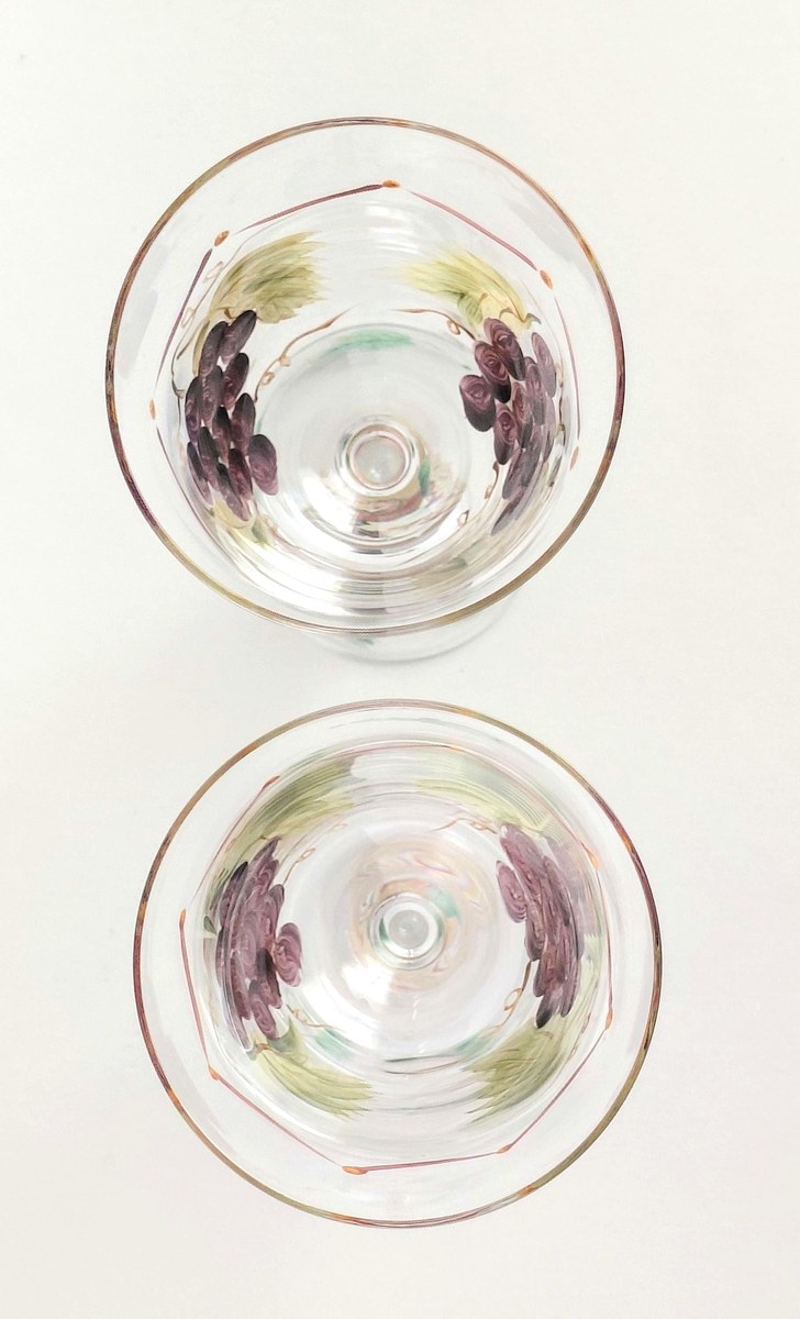 Vintage Hand Painted Wine Glasses Set of 2 Grapevine Goblets Italian Style Art Glass Purple Grapes Striped Stem Bell Bowl Cottagecore Decor, view 10